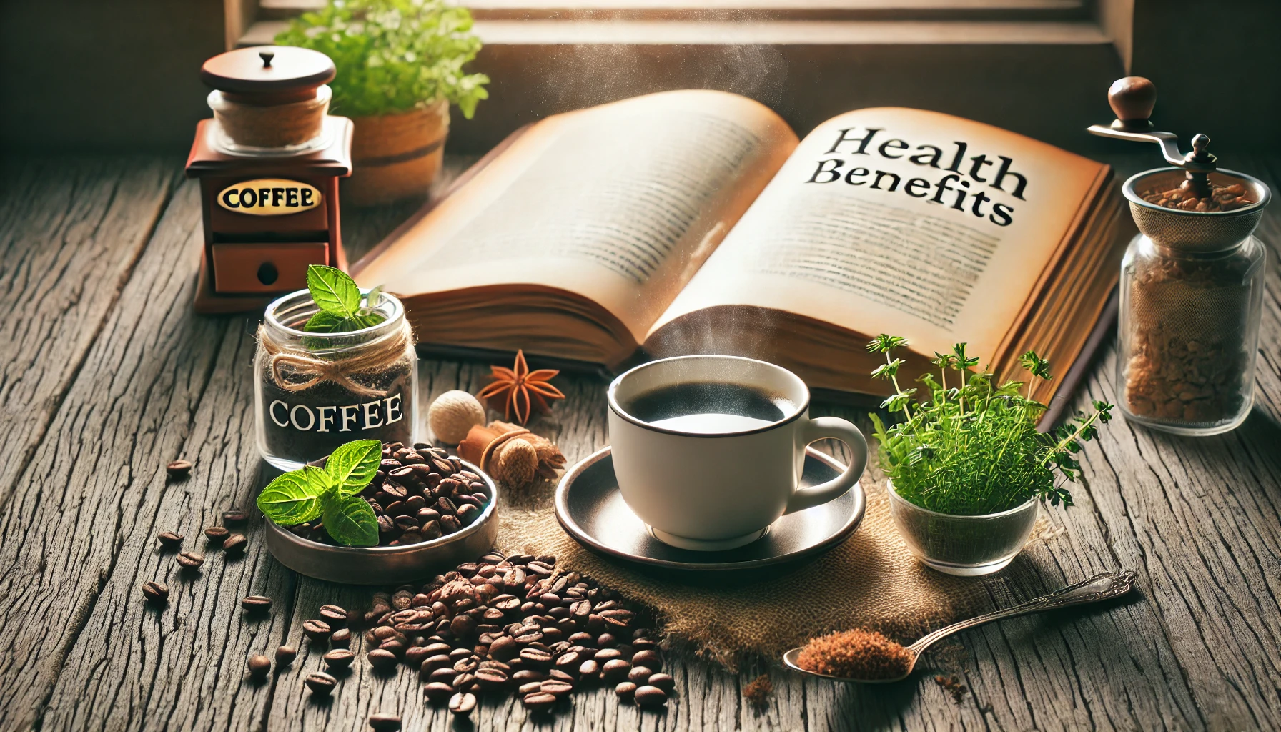 Represents the theme of coffee and health benefits, showcasing a cozy setup with a steaming cup of coffee, fresh herbs, and a nutrition book.