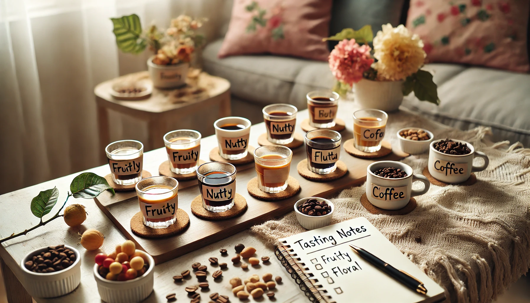 A cozy coffee-tasting setup featuring small cups of coffee labeled with tasting notes like fruity, nutty, and floral. The table includes a notebook and pen for recording observations, as well as small bowls of coffee beans. Natural lighting adds to the inviting and experimental atmosphere.