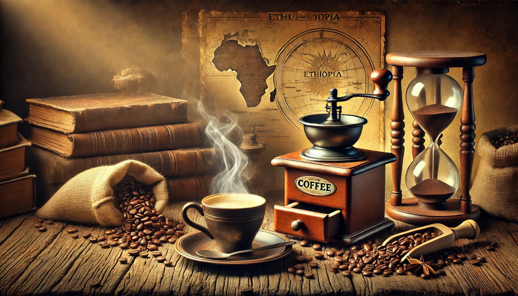 A historical coffee scene featuring a steaming cup of coffee on a rustic wooden table. The setup includes a vintage coffee grinder, coffee sacks, an old map of Ethiopia, and an hourglass, symbolizing coffee's journey through time and history.