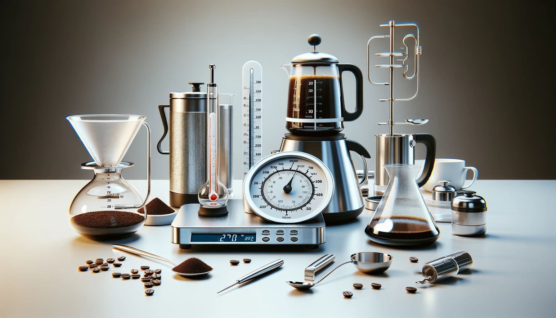 Modern coffee brewing setup with a thermometer in a kettle, digital scale, timer, and coffee-making equipment on a sleek countertop.