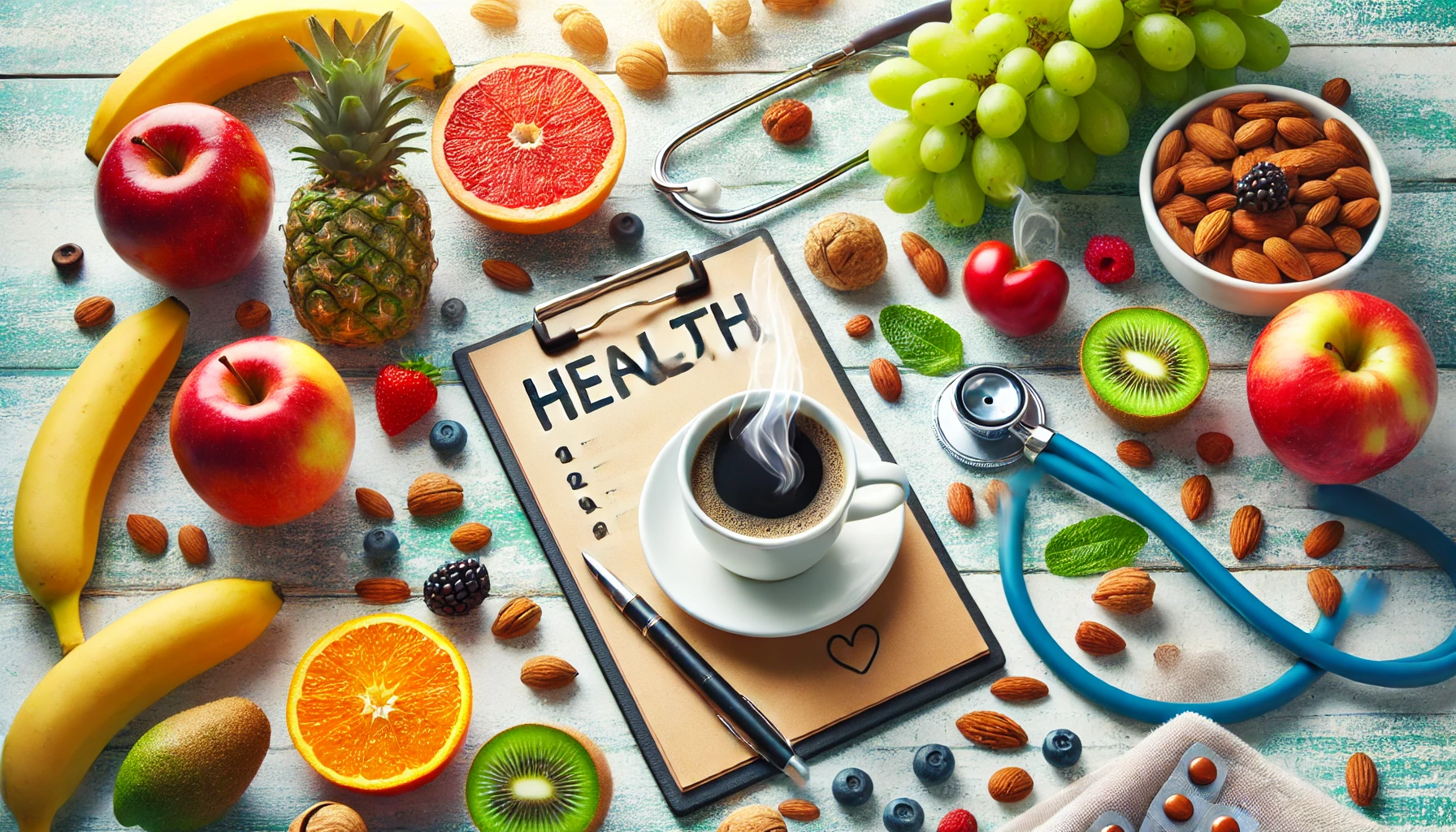 Steaming cup of coffee surrounded by fresh fruits, nuts, a stethoscope, and a notepad highlighting coffee's health benefits.