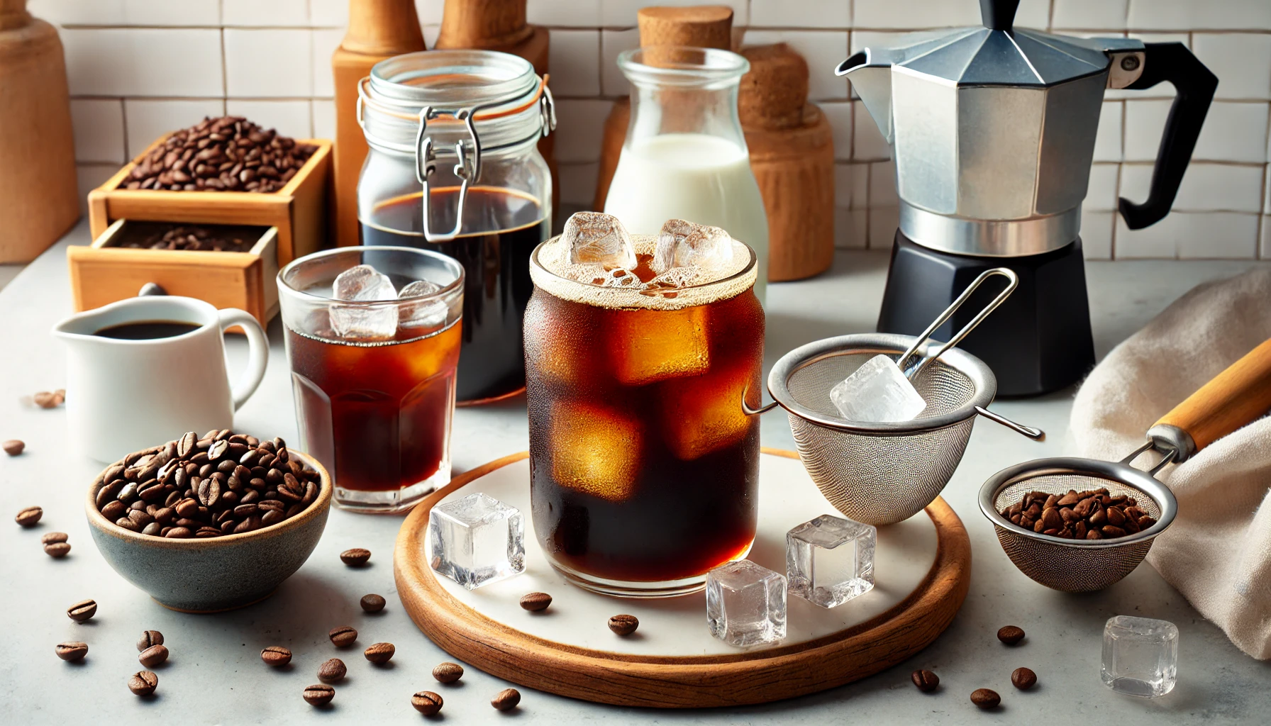 Glass jar of cold brew coffee concentrate, a glass cup with ice cubes, a fine mesh strainer, and a small pitcher of milk on a bright kitchen countertop.