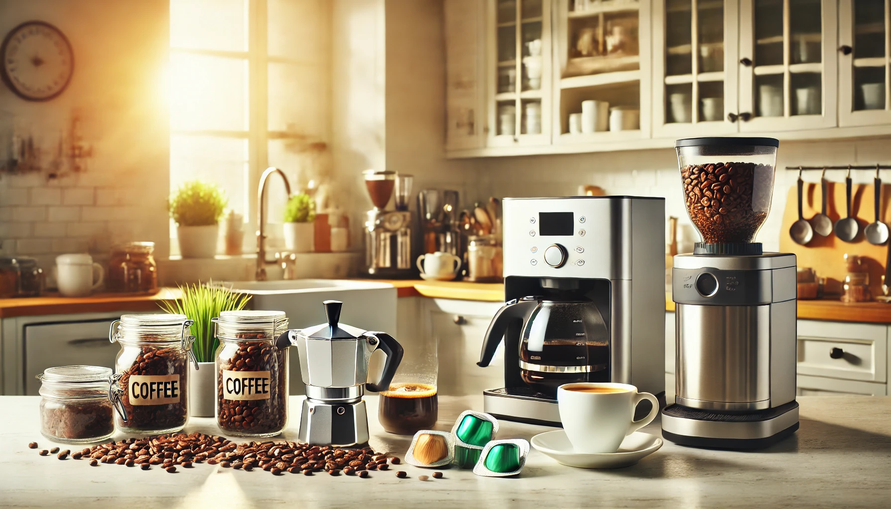 A bright kitchen scene showcasing various coffee options, including coffee beans, ground coffee, and pods. Different coffee makers, like a drip coffee machine, a French press, and an espresso machine, are placed on the counter, emphasizing the connection between brewing methods and coffee choices.