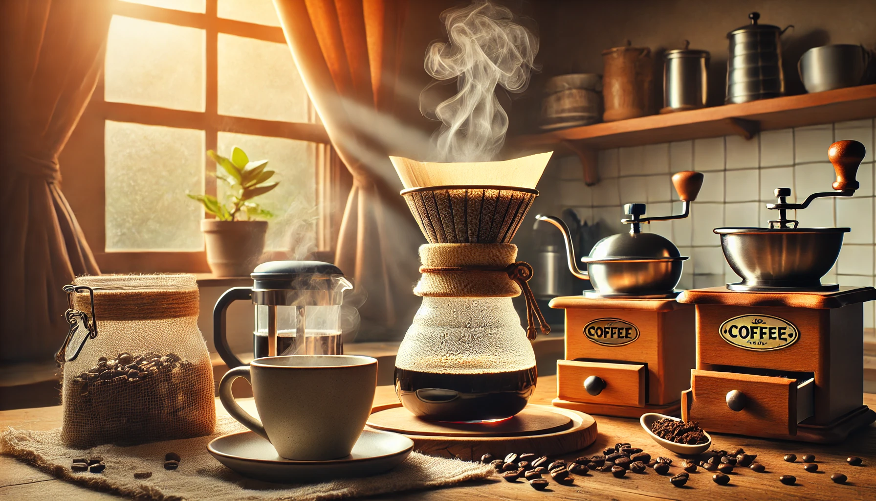 A cozy kitchen setup showcasing tools for brewing flavorful coffee, including a pour-over setup, a French press, and a steaming cup of coffee. The scene highlights the importance of fresh coffee beans and proper brewing techniques, with natural light creating a warm and inviting atmosphere.