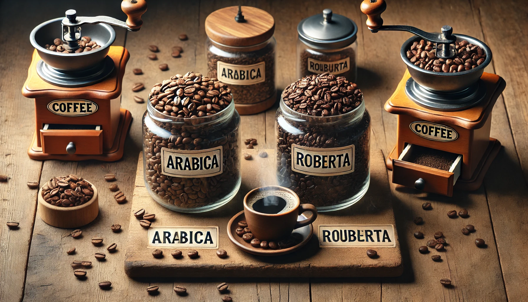 A comparative coffee setup featuring jars labeled "Arabica" and "Robusta," with their respective beans displayed. Arabica beans appear larger and oval, while Robusta beans are smaller and rounder. The scene includes a coffee grinder and a steaming cup of coffee, emphasizing the differences between the two types.