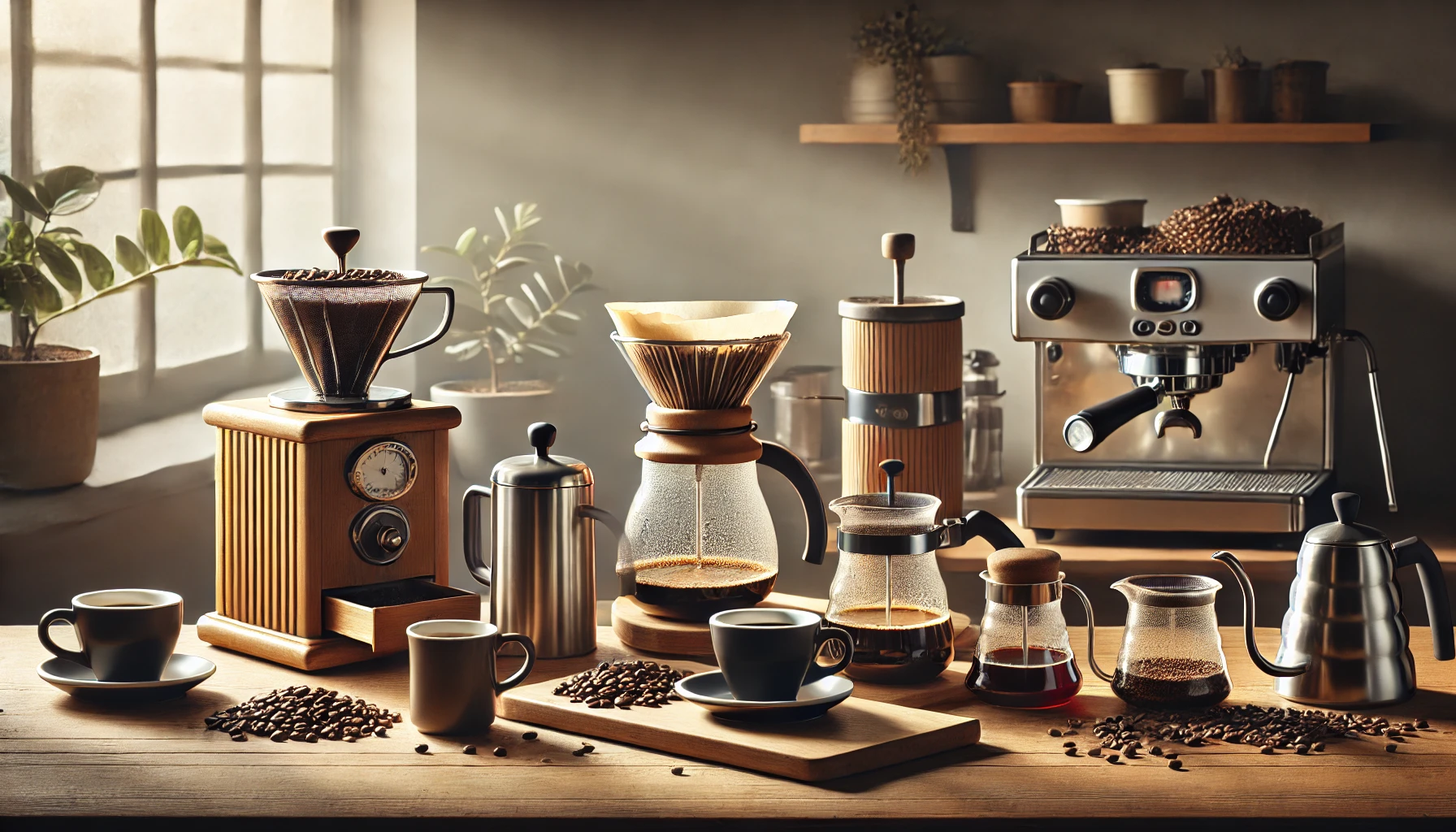 A modern coffee setup showcasing various coffee brewing methods, including a French press, a pour-over device, an espresso machine, and a drip coffee maker. Fresh coffee beans and cups complete the inviting, versatile scene.