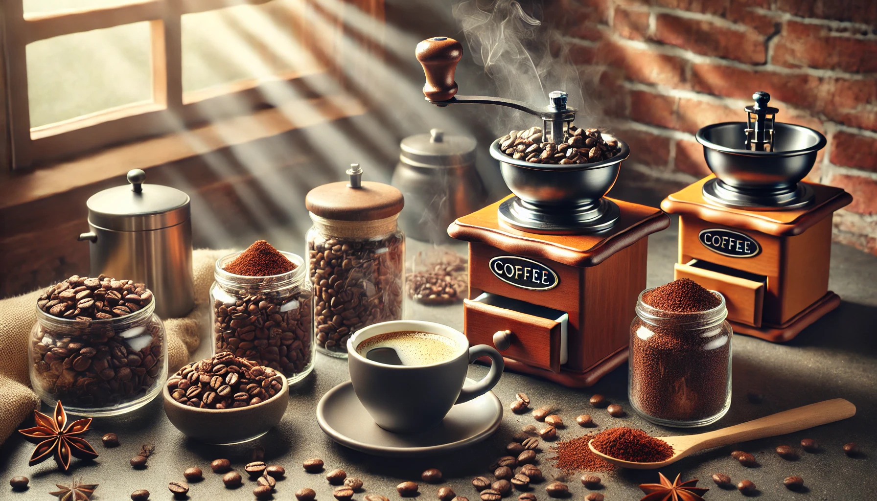 A cozy kitchen setup featuring a high-quality burr grinder surrounded by whole coffee beans, a steaming cup of coffee, and jars displaying various grind sizes (coarse, medium, and fine). The natural light highlights the importance of grinding coffee at home for the freshest flavor.