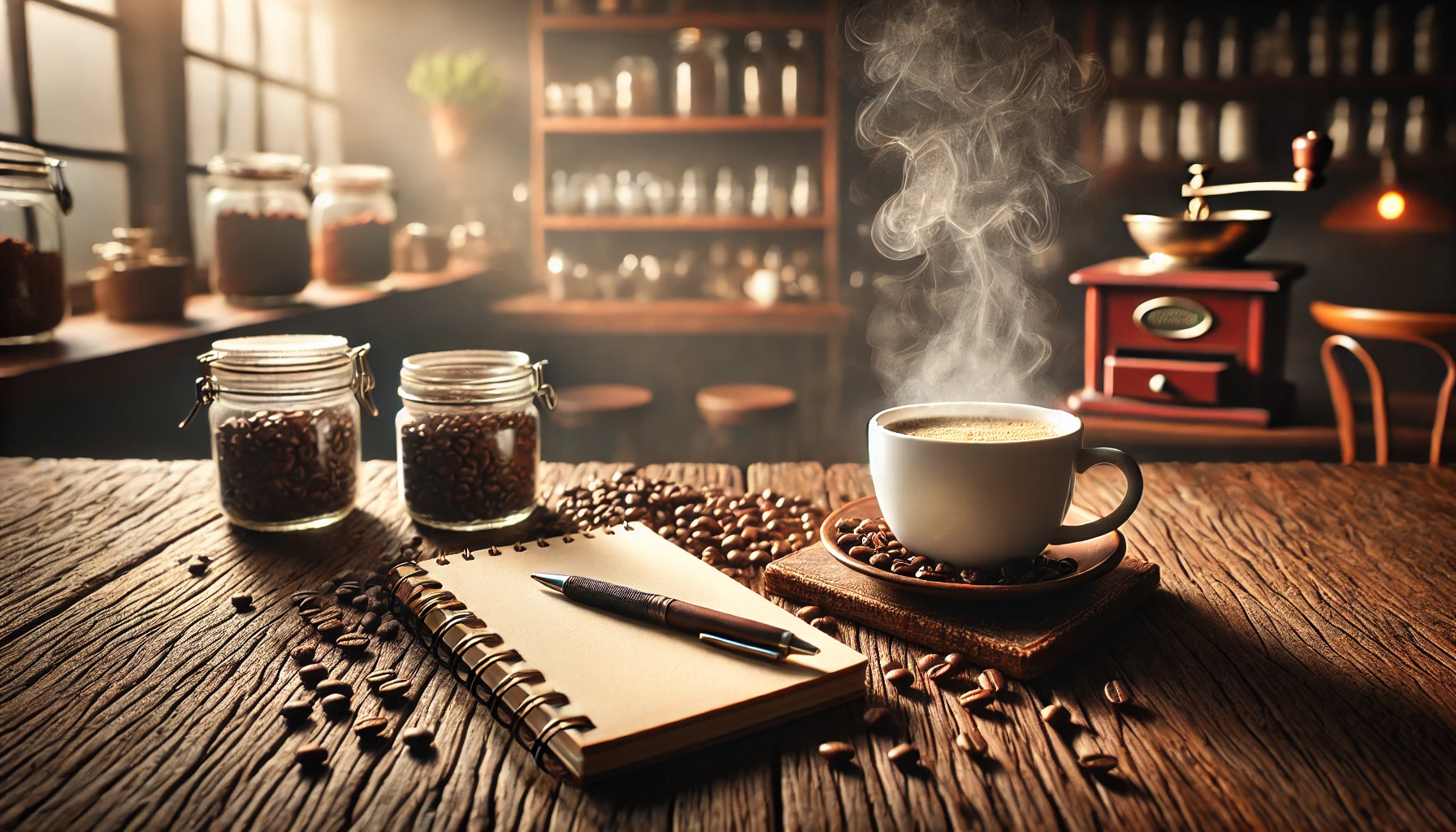 Creating a realistic image of a steaming cup of coffee on a wooden table, surrounded by coffee beans and a small notepad, symbolizing coffee's role in both health and productivity. The background will be a cozy café setting.
